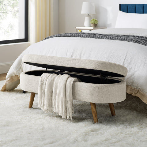 Oval Storage Bench with Rubberwood Legs, Modern Tufted Ottoman, Beige - ModernLuxe