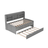 Twin Size Wooden Captain Bed with Built-in Bookshelves, Three Storage Drawers and Trundle
