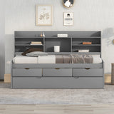 Twin Size Wooden Captain Bed with Built-in Bookshelves, Three Storage Drawers and Trundle