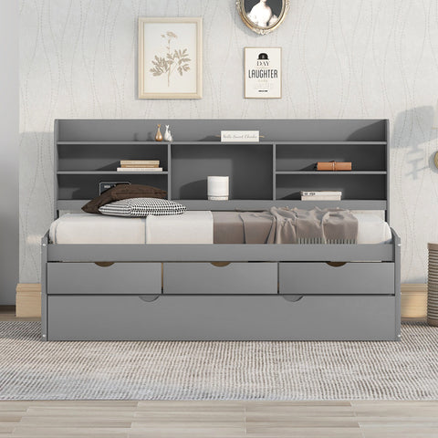 Twin Size Wooden Captain Bed with Built-in Bookshelves, Three Storage Drawers and Trundle