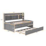 Twin Size Wooden Captain Bed with Built-in Bookshelves, Three Storage Drawers and Trundle
