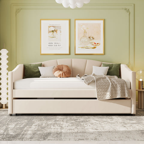 Twin Size Velvet Fabric Upholstered Daybed with Trundle Bed, Beige