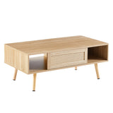Rattan Coffee Table with Solid Wood/Metal Legs and Sliding Door for Storage, Cocktail Table Center Table Sofa Table