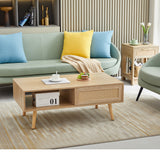 Rattan Coffee Table with Solid Wood/Metal Legs and Sliding Door for Storage, Cocktail Table Center Table Sofa Table