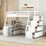 Twin Size Loft Bed with 7 Drawers, 2 Shelves and Desk, White
