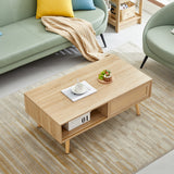 Rattan Coffee Table with Solid Wood/Metal Legs and Sliding Door for Storage, Cocktail Table Center Table Sofa Table