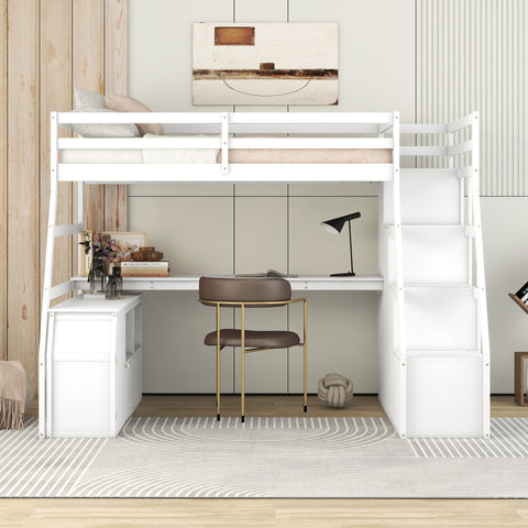 Twin Size Loft Bed with 7 Drawers, 2 Shelves and Desk, White