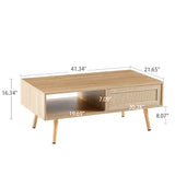 Rattan Coffee Table with Solid Wood/Metal Legs and Sliding Door for Storage, Cocktail Table Center Table Sofa Table
