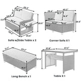 5 PCS Patio Rattan Sectional Sofa Set, Outdoor Conversation Set with Dining Table and Bench