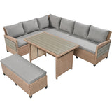 5 PCS Patio Rattan Sectional Sofa Set, Outdoor Conversation Set with Dining Table and Bench