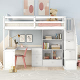 Twin Size Loft Bed with L Shaped Desk, Drawers, Storage and Storage Staircase,White