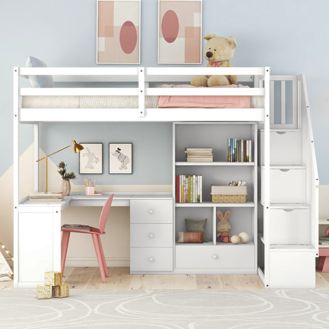 Twin Size Loft Bed with L Shaped Desk, Drawers, Storage and Storage Staircase,White