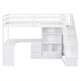 Twin Size Loft Bed with L Shaped Desk, Drawers, Storage and Storage Staircase,White