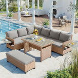 5 PCS Patio Rattan Sectional Sofa Set, Outdoor Conversation Set with Dining Table and Bench