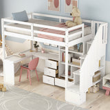 Twin Size Loft Bed with L Shaped Desk, Drawers, Storage and Storage Staircase,White