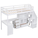 Twin Size Loft Bed with L Shaped Desk, Drawers, Storage and Storage Staircase,White