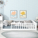 Twin Size Floor Bed with Fence, Rubber Wood Bed Frame with Safety Guardrails, No Spring Box Required, Perfect for Kids, White