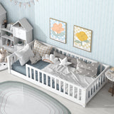 Twin Size Floor Bed with Fence, Rubber Wood Bed Frame with Safety Guardrails, No Spring Box Required, Perfect for Kids, White