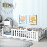 Twin Size Floor Bed with Fence, Rubber Wood Bed Frame with Safety Guardrails, No Spring Box Required, Perfect for Kids, White