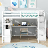 Full Size Loft Bed with Desk, Shelves, Two Built-in Drawers, and Stairs for Storage