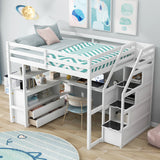 Full Size Loft Bed with Desk, Shelves, Two Built-in Drawers, and Stairs for Storage