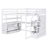Full Size Loft Bed with Desk, Shelves, Two Built-in Drawers, and Stairs for Storage