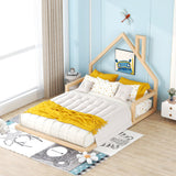 Full Size Wood Floor Bed with House-Shaped Headboard, Natural