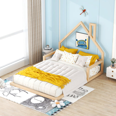 Full Size Wood Floor Bed with House-Shaped Headboard, Natural