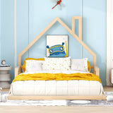 Full Size Wood Floor Bed with House-Shaped Headboard, Natural