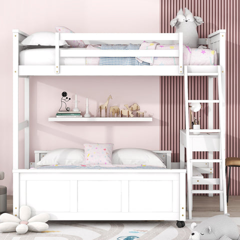 Twin Over Full Wood Bunk Bed with Desk and Ladder