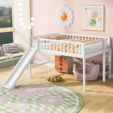 Full Size Low Loft Bed with Ladder and Slide, Wooden Bed Frame, No Box Spring Needed, White