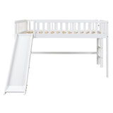 Full Size Low Loft Bed with Ladder and Slide, Wooden Bed Frame, No Box Spring Needed, White