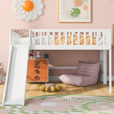 Full Size Low Loft Bed with Ladder and Slide, Wooden Bed Frame, No Box Spring Needed, White