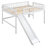 Full Size Low Loft Bed with Ladder and Slide, Wooden Bed Frame, No Box Spring Needed, White