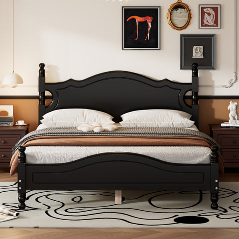Queen Size Wood Platform Bed Frame, Retro Style Platform Bed, Black