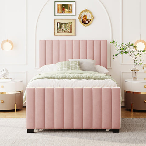 Twin Size Upholstered Platform Bed, Velvet Bed Frame with Twin Size Trundle for Kids/Teens/Adults