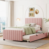 Twin Size Upholstered Platform Bed, Velvet Bed Frame with Twin Size Trundle for Kids/Teens/Adults