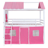 Full Size Wooden Bunk Bed with Elegant Windows & Tent, Playhouse Bed with Storage Sills & Slide Compatible