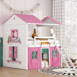 Full Size Wooden Bunk Bed with Elegant Windows & Tent, Playhouse Bed with Storage Sills & Slide Compatible