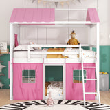 Full Size Wooden Bunk Bed with Elegant Windows & Tent, Playhouse Bed with Storage Sills & Slide Compatible