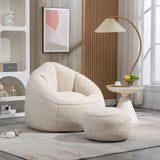 Microfiber Upholstered Bean Bag Sofa Chair with Petal Back, Memory Foam Lazy Sofa With Footstool, Beige