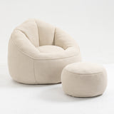 Microfiber Upholstered Bean Bag Sofa Chair with Petal Back, Memory Foam Lazy Sofa With Footstool, Beige