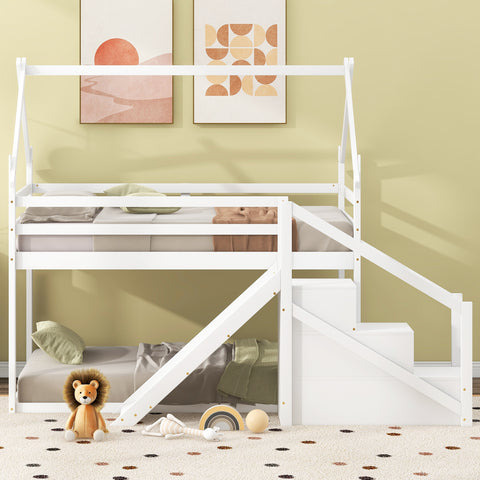 Twin over Twin House Bunk Bed with Slide and Staircase, White