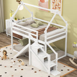 Twin over Twin House Bunk Bed with Slide and Staircase, White