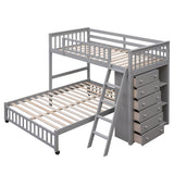 Twin over Full Bunk Bed with Bottom Bed with Wheels, 6 Storage Shelves & Adjustable Shelves, Gray