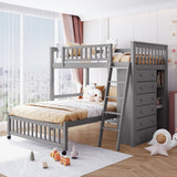 Twin over Full Bunk Bed with Bottom Bed with Wheels, 6 Storage Shelves & Adjustable Shelves, Gray