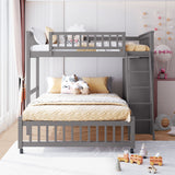 Twin over Full Bunk Bed with Bottom Bed with Wheels, 6 Storage Shelves & Adjustable Shelves, Gray