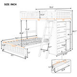 Twin over Full Bunk Bed with Bottom Bed with Wheels, 6 Storage Shelves & Adjustable Shelves, Gray