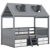 Twin Size Loft Bed Wood House Bed Frame with Drawers
