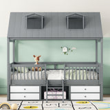 Twin Size Loft Bed Wood House Bed Frame with Drawers